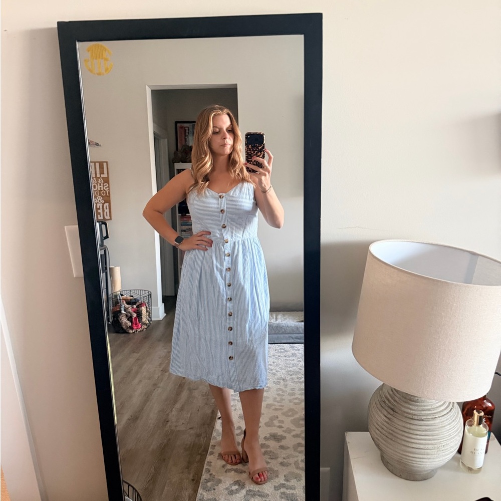 crown & ivy Light Blue and White Striped Midi Button-Front Dress